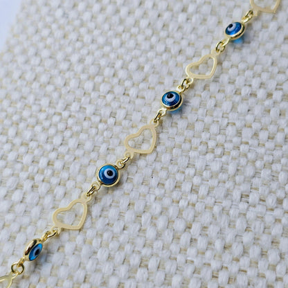 10K Yellow Gold Evil Eye Bracelet, Evil Eye and Heart Charm Bracelet,  Love and Luck Bracelet, Spiritual Jewelry, Gold Evil Eye Gift