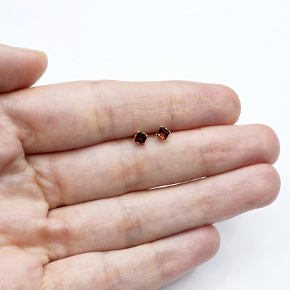 Gold Garnet Earrings, 14K Yellow Gold Genuine Square Genuine Garnet 3x3mm Stud Earrings, January Birthstone, Gift for Her