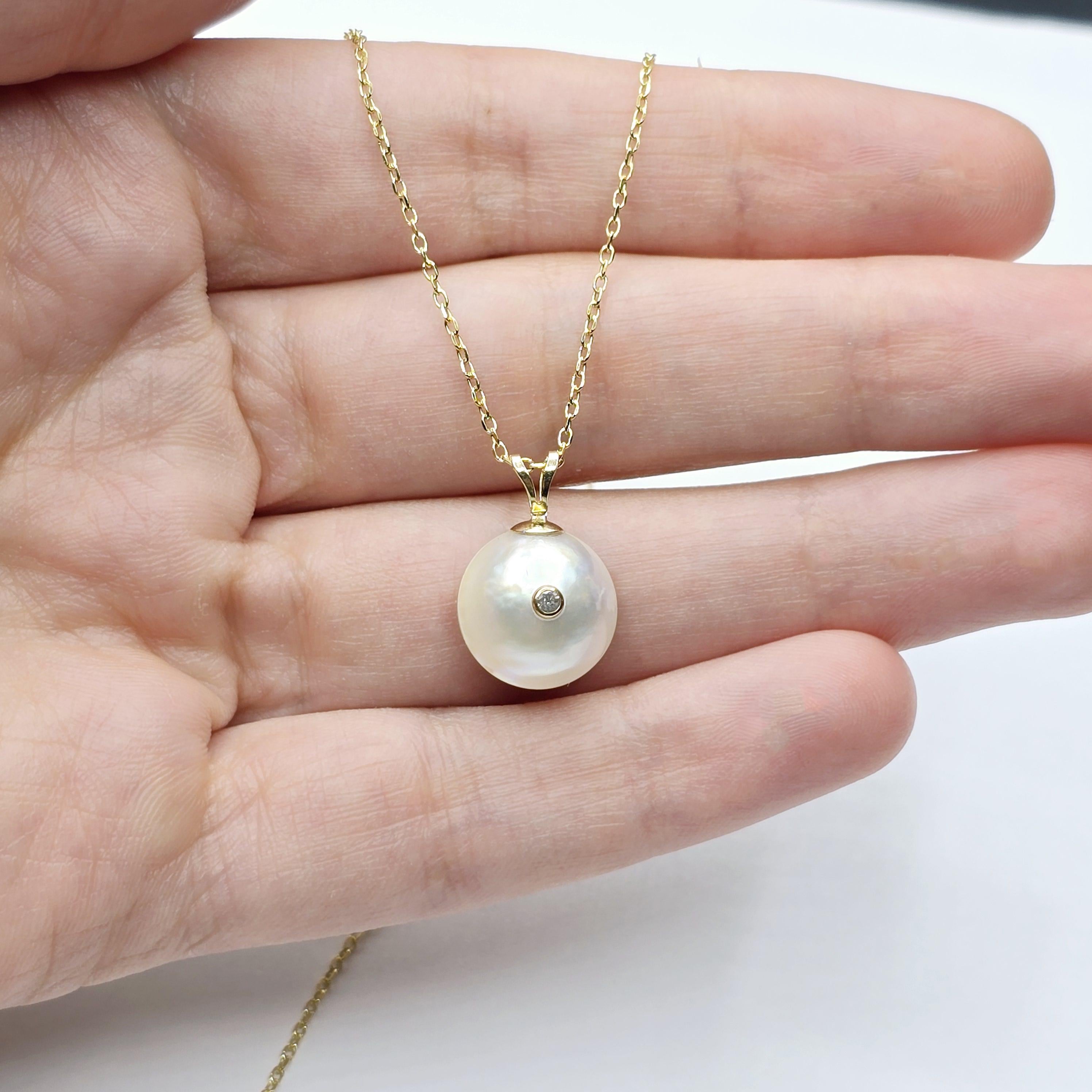 Gold Natural Pearl and Diamond Pendant Necklace, 14K Yellow Gold Pendant set with 12mm Mabe Pearl and Genuine Diamond Pendant