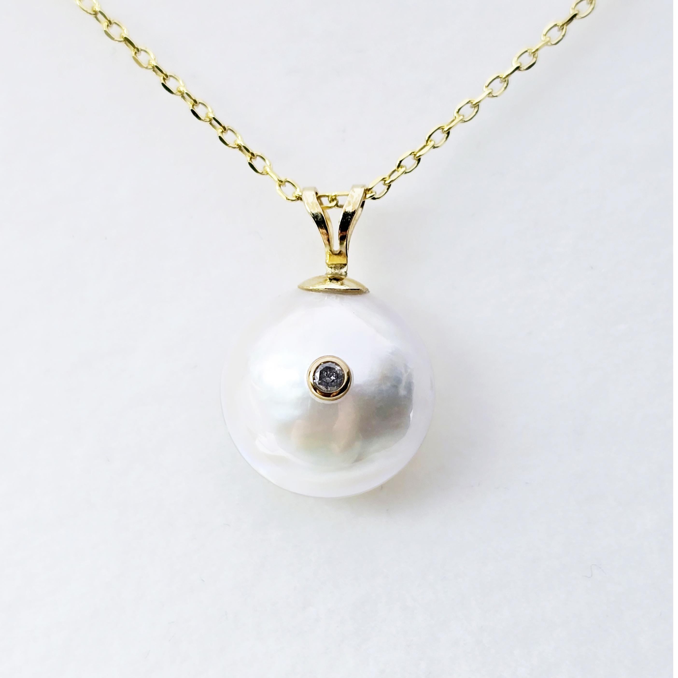 Gold Natural Pearl and Diamond Pendant Necklace, 14K Yellow Gold Pendant set with 12mm Mabe Pearl and Genuine Diamond Pendant