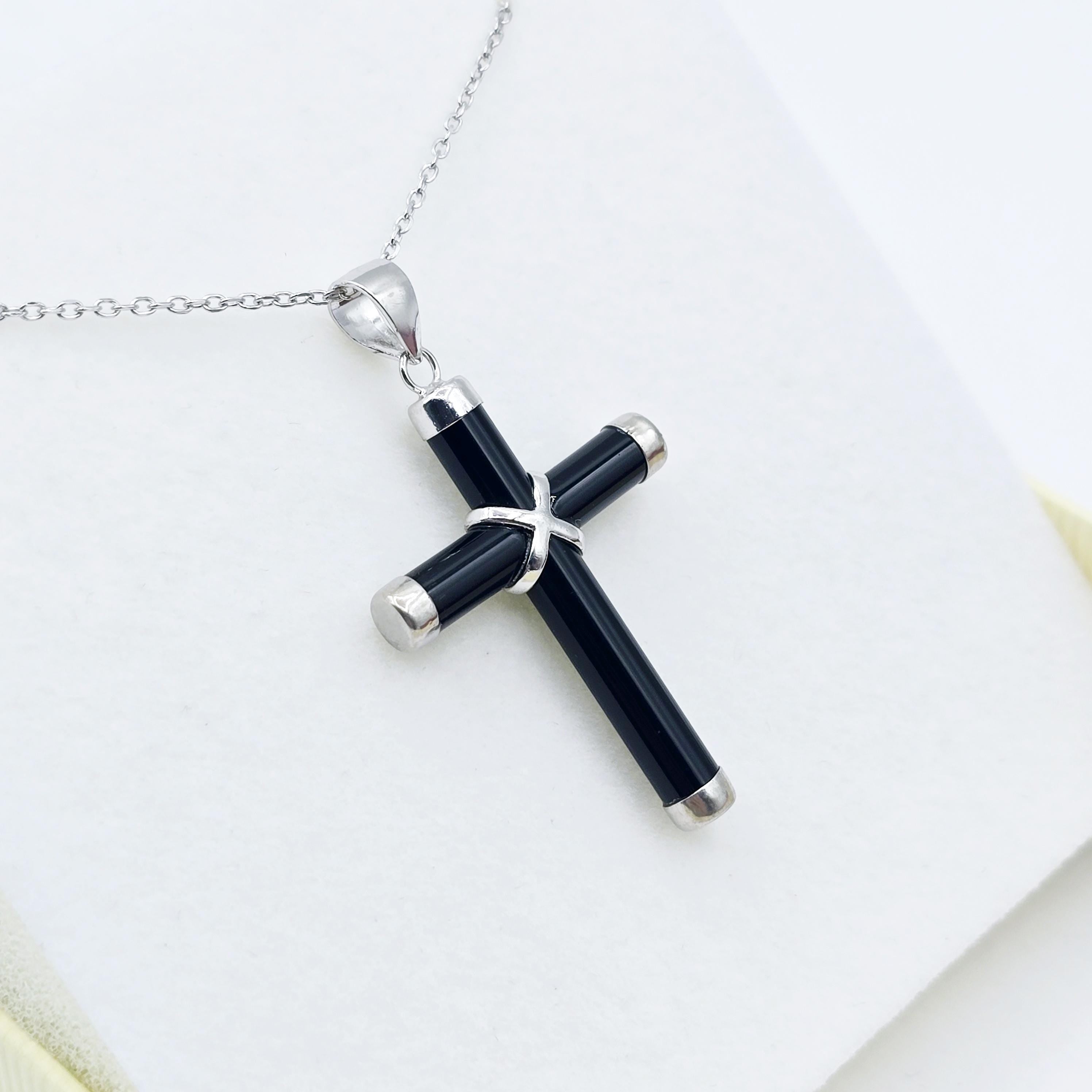 Sterling Silver Genuine Black Cross Pendant with Chain, Black Cross Necklace, Christmas Gift , New Year Gift