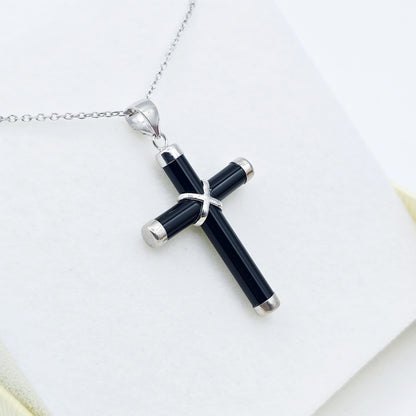 Sterling Silver Genuine Black Cross Pendant with Chain, Black Cross Necklace, Christmas Gift , New Year Gift