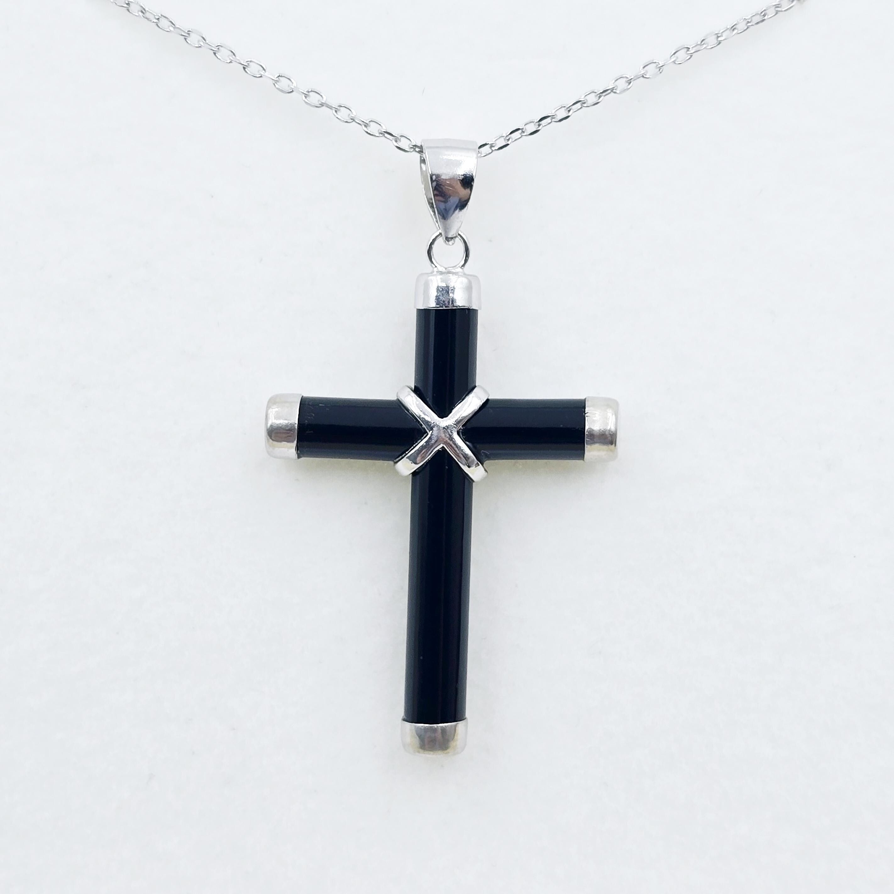 Sterling Silver Genuine Black Cross Pendant with Chain, Black Cross Necklace, Christmas Gift , New Year Gift