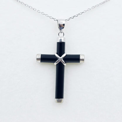 Sterling Silver Genuine Black Cross Pendant with Chain, Black Cross Necklace, Christmas Gift , New Year Gift