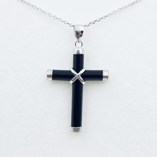 Sterling Silver Genuine Black Cross Pendant with Chain, Black Cross Necklace, Christmas Gift , New Year Gift