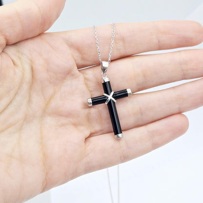 Sterling Silver Genuine Black Cross Pendant with Chain, Black Cross Necklace, Christmas Gift , New Year Gift