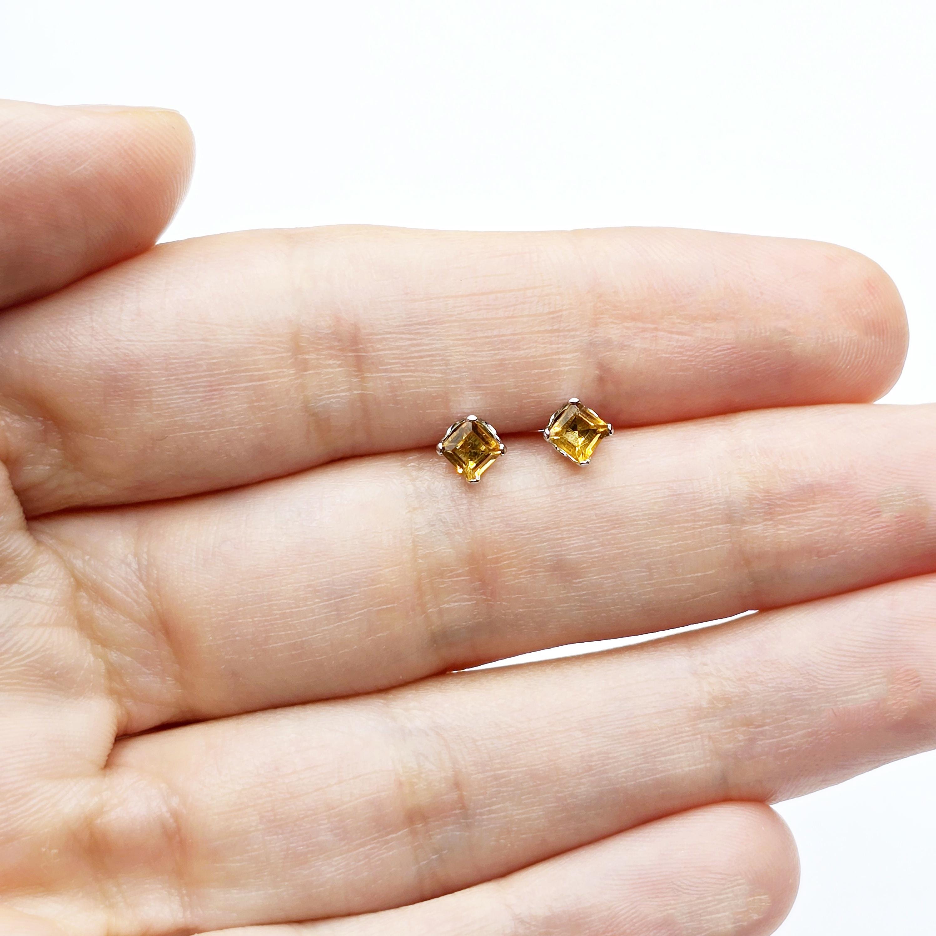 Gold Citrine Stud Earrings,  10K White Gold Genuine Square Citrine 3.5mm Stud Earrings