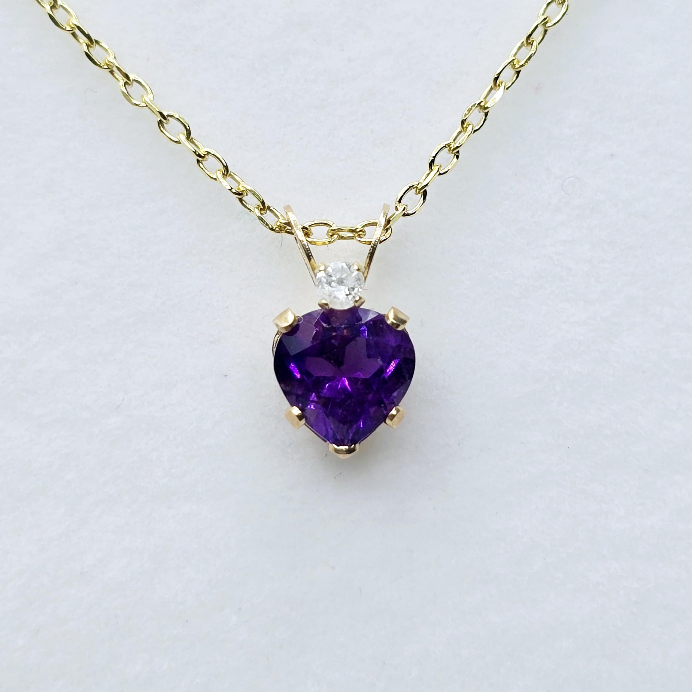 Gold Amethyst Pendant Necklace, 10K Gold  Genuine Heart Shaped Amethyst 6x6mm with Diamond  Pendant, Purple Gemstone Jewelry