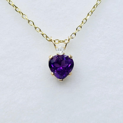 Gold Amethyst Pendant Necklace, 10K Gold  Genuine Heart Shaped Amethyst 6x6mm with Diamond  Pendant, Purple Gemstone Jewelry