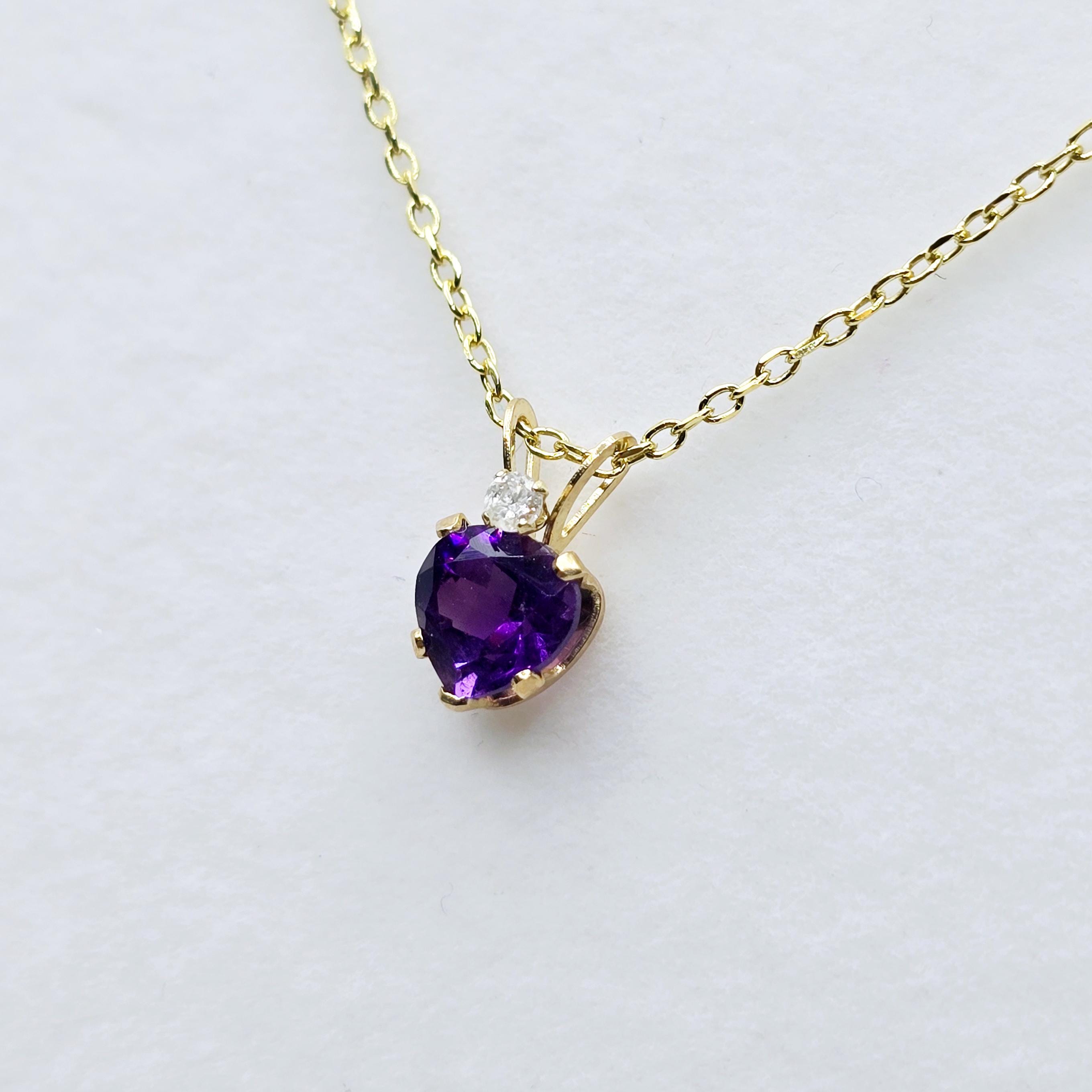Gold Amethyst Pendant Necklace, 10K Gold  Genuine Heart Shaped Amethyst 6x6mm with Diamond  Pendant, Purple Gemstone Jewelry