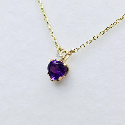 Gold Amethyst Pendant Necklace, 10K Gold  Genuine Heart Shaped Amethyst 6x6mm with Diamond  Pendant, Purple Gemstone Jewelry