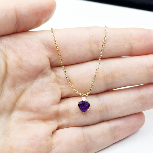 Gold Amethyst Pendant Necklace, 10K Gold  Genuine Heart Shaped Amethyst 6x6mm with Diamond  Pendant, Purple Gemstone Jewelry