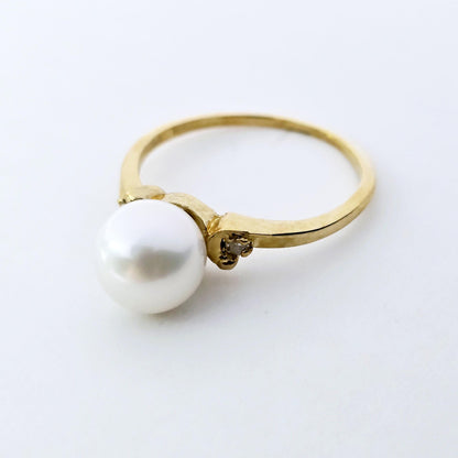 Gold Pearl Ring , 10K Yellow Gold Pearl 8mm and Diamond Ring, June Birthstone, Birthstone Ring, Classic Pearl Ring, Pearl Ring for Women