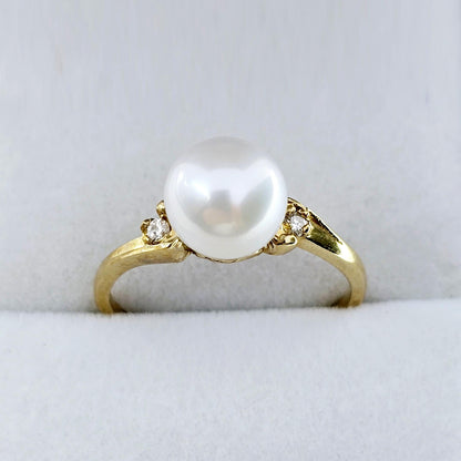 Gold Pearl Ring , 10K Yellow Gold Pearl 8mm and Diamond Ring, June Birthstone, Birthstone Ring, Classic Pearl Ring, Pearl Ring for Women