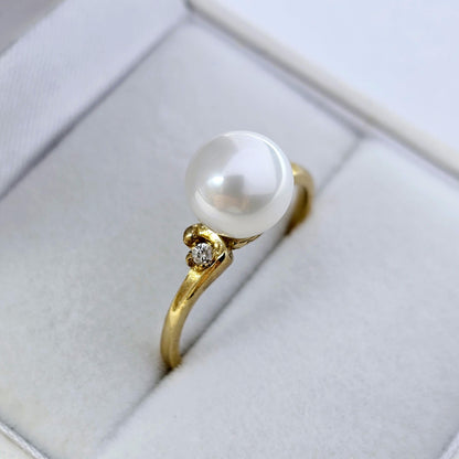 Gold Pearl Ring , 10K Yellow Gold Pearl 8mm and Diamond Ring, June Birthstone, Birthstone Ring, Classic Pearl Ring, Pearl Ring for Women