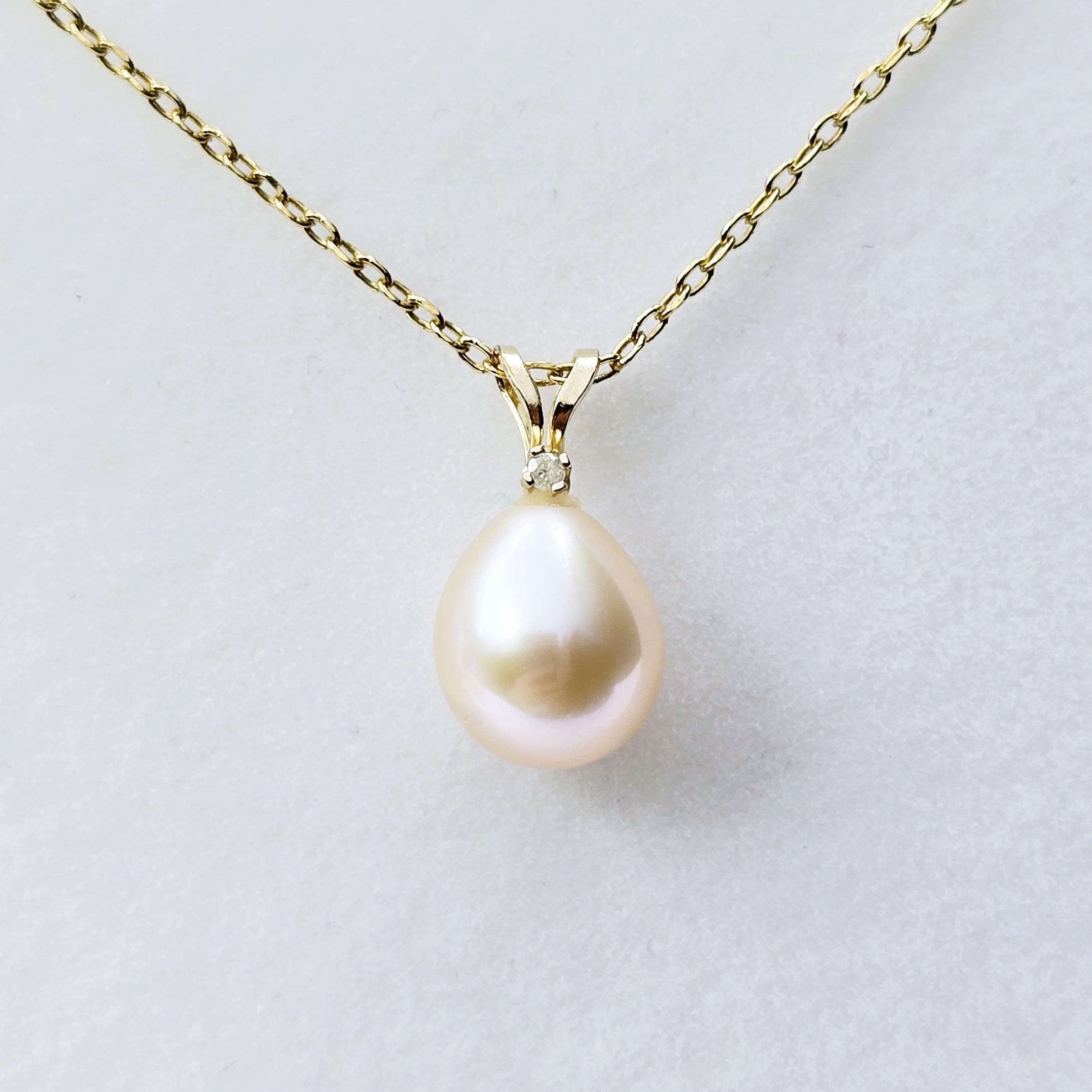 Natural Pearl Pendant Necklace, 14K Yellow Gold Pink Freshwater Pearl 9x8mm with Diamond Pendant, June Birthstone, Genuine Pearl Pendant
