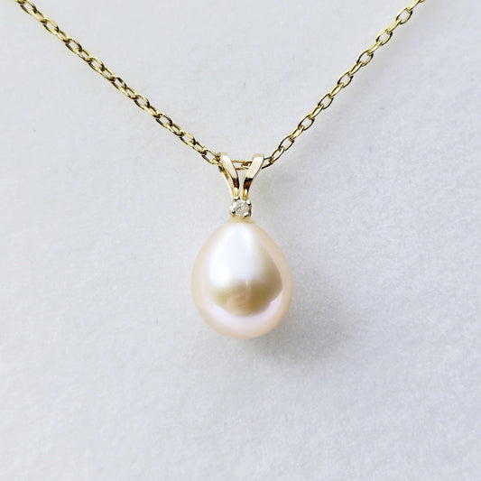 Natural Pearl Pendant Necklace, 14K Yellow Gold Pink Freshwater Pearl 9x8mm with Diamond Pendant, June Birthstone, Genuine Pearl Pendant
