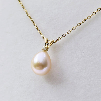 Natural Pearl Pendant Necklace, 14K Yellow Gold Pink Freshwater Pearl 9x8mm with Diamond Pendant, June Birthstone, Genuine Pearl Pendant