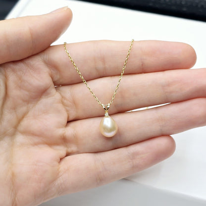 Natural Pearl Pendant Necklace, 14K Yellow Gold Pink Freshwater Pearl 9x8mm with Diamond Pendant, June Birthstone, Genuine Pearl Pendant