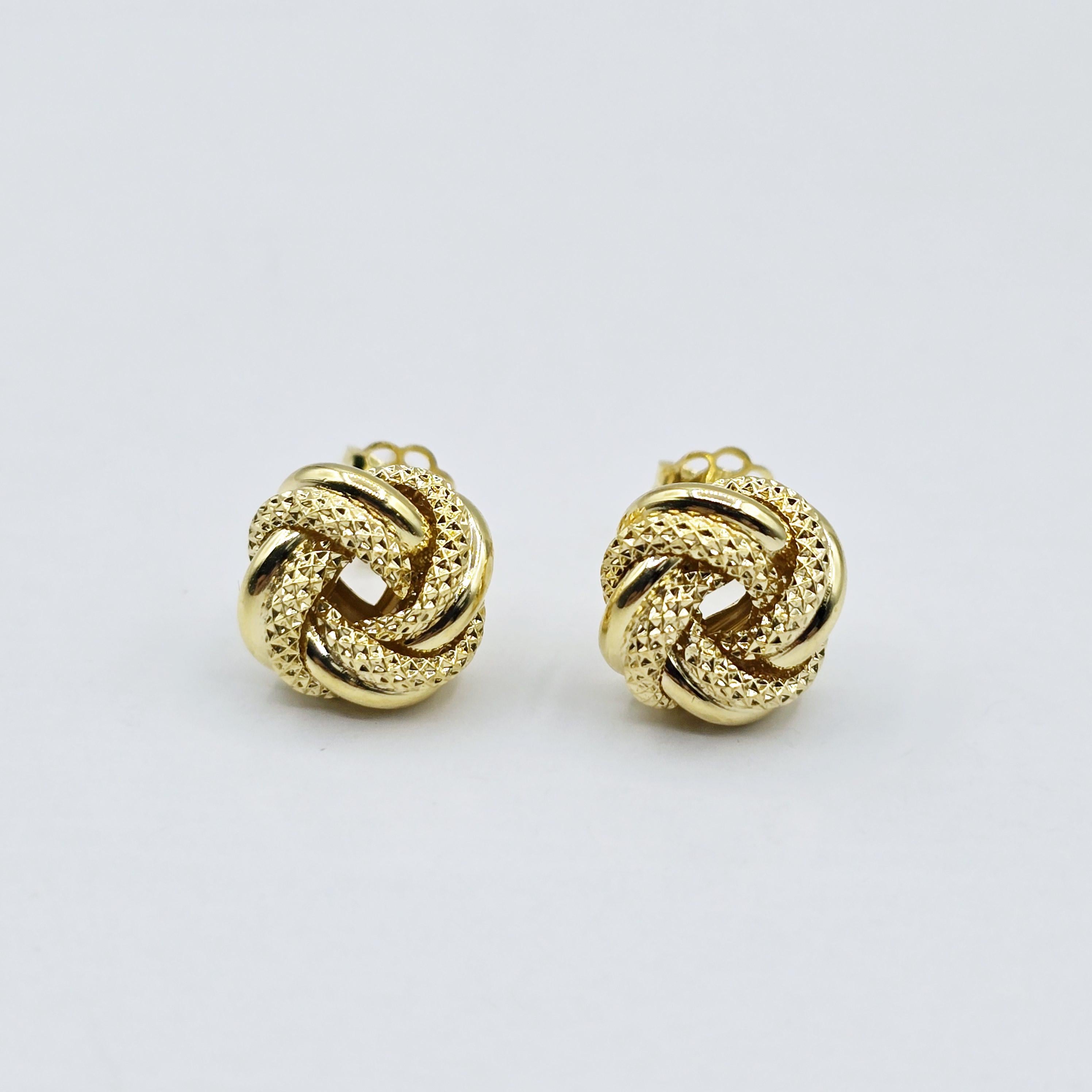 10K Yellow Gold Knot Textured Stud Earrings for Women, Elegant and Minimalist Earrings 12mm. Perfect Gift for Her, Everyday Wear