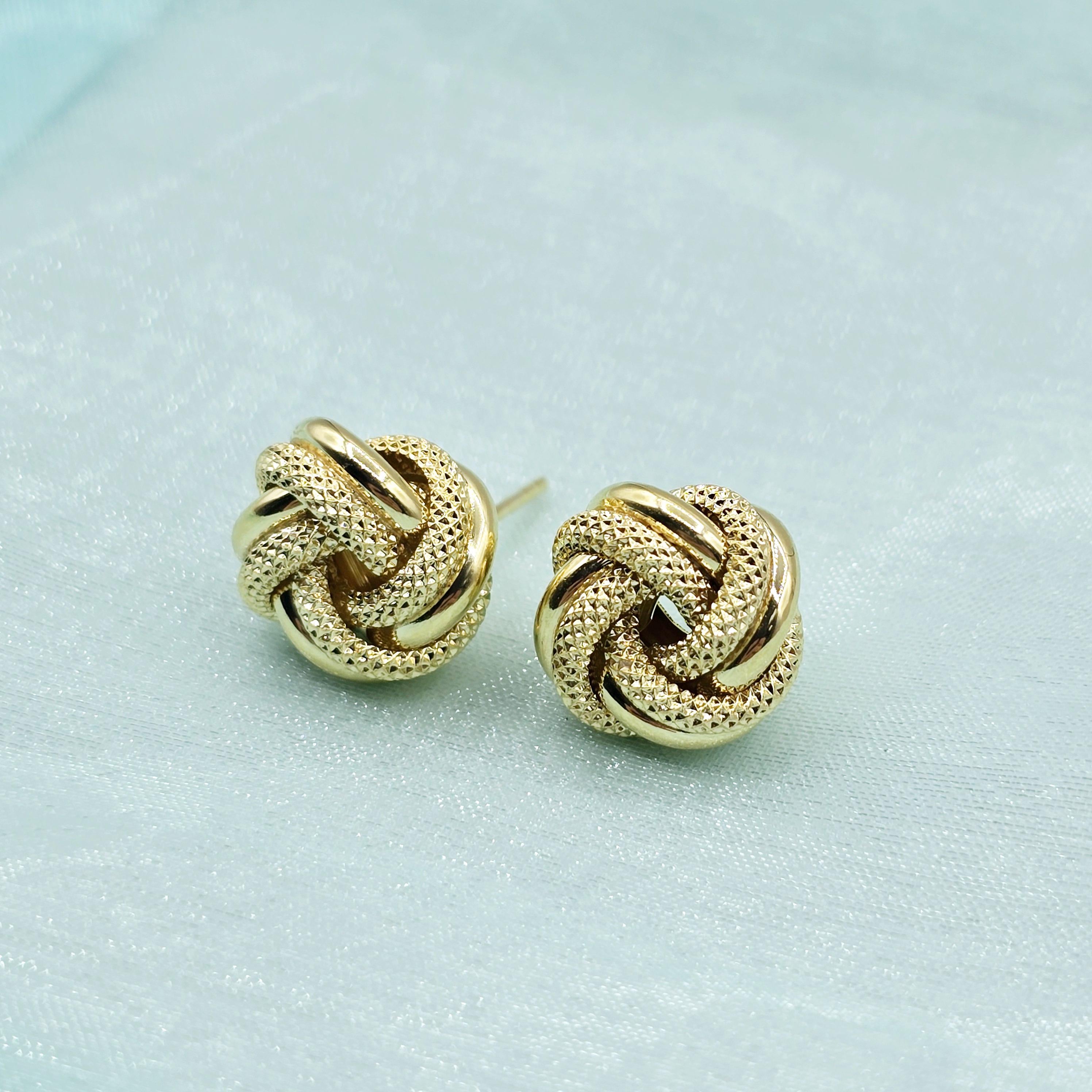 10K Yellow Gold Knot Textured Stud Earrings for Women, Elegant and Minimalist Earrings 12mm. Perfect Gift for Her, Everyday Wear