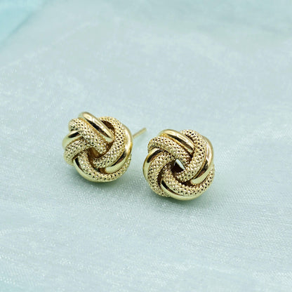 10K Yellow Gold Knot Textured Stud Earrings for Women, Elegant and Minimalist Earrings 12mm. Perfect Gift for Her, Everyday Wear
