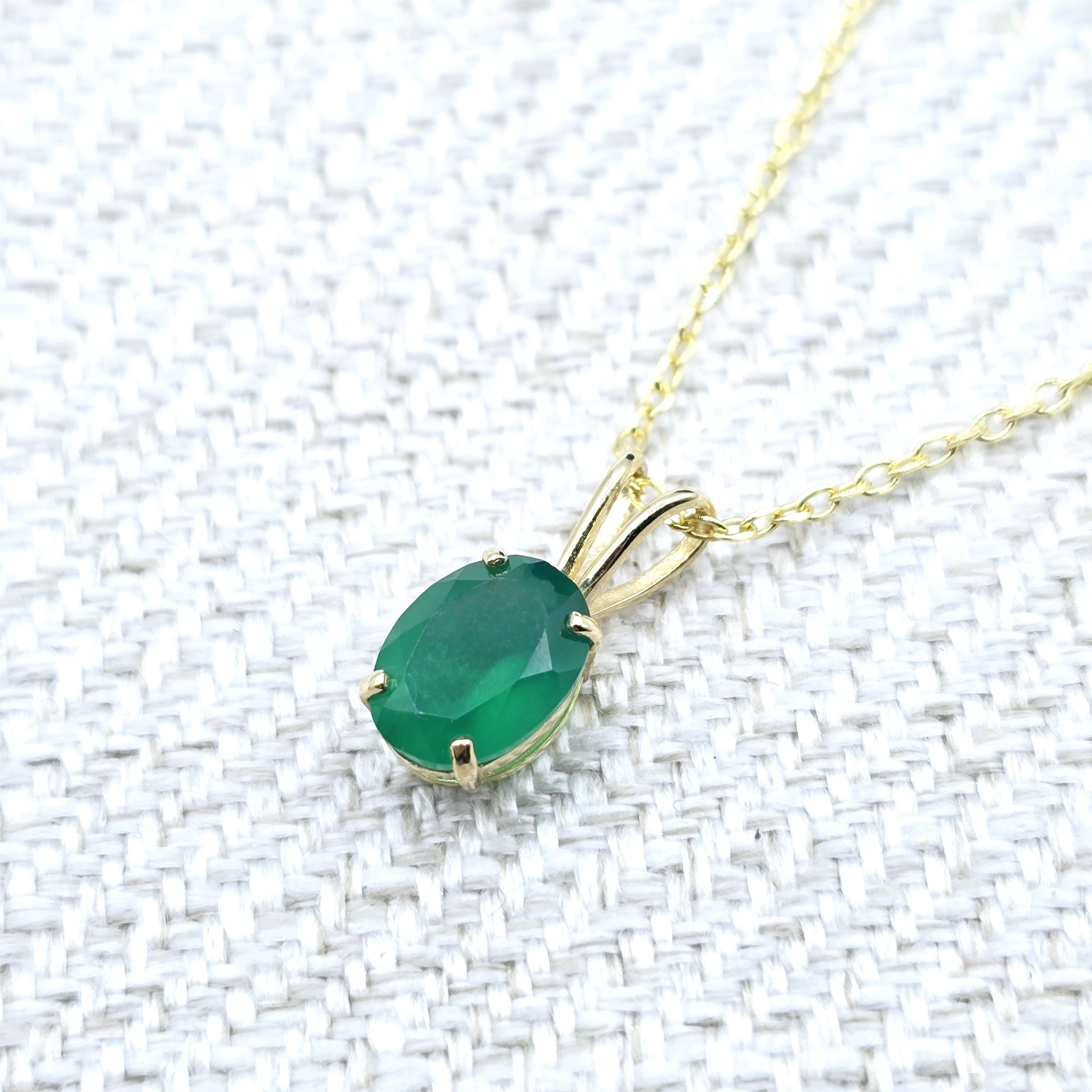 Gold Green Onyx Pendant Necklace, 10K Yellow Gold Green Onyx 8x6mm Pendant, Green Necklace For Women, Gift For Her