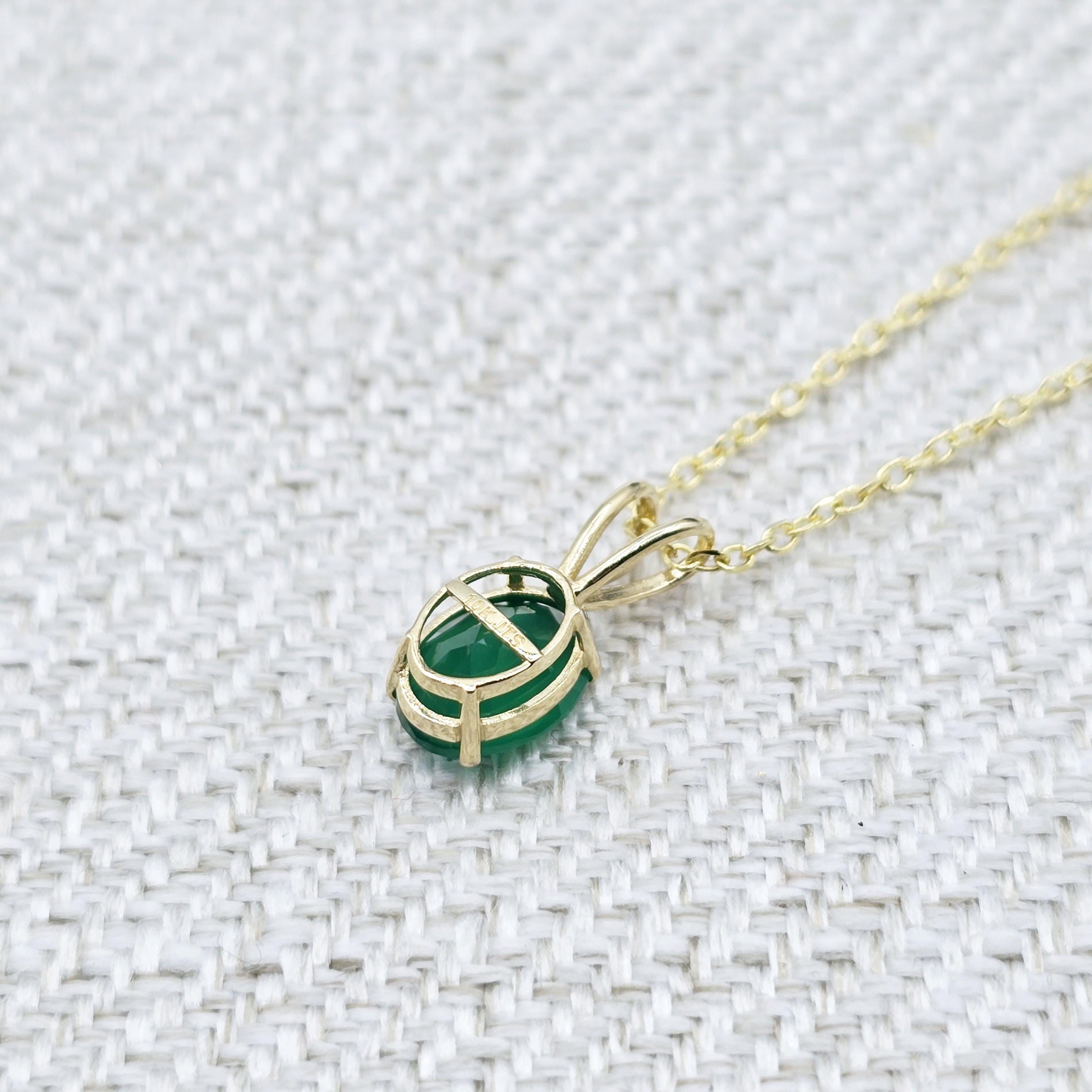 Gold Green Onyx Pendant Necklace, 10K Yellow Gold Green Onyx 8x6mm Pendant, Green Necklace For Women, Gift For Her
