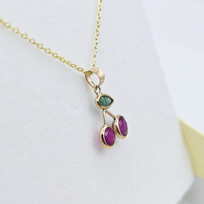 Gold Ruby Emerald Pendant | 14K Yellow Gold Genuine Gemstone Necklace