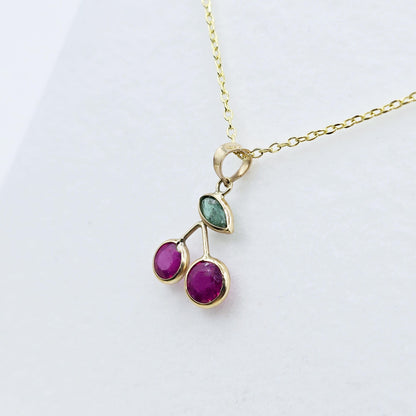 Gold Ruby Emerald Pendant | 14K Yellow Gold Genuine Gemstone Necklace