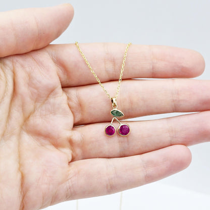 Gold Ruby Emerald Pendant | 14K Yellow Gold Genuine Gemstone Necklace