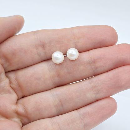 Sterling Silver Genuine Cultured Pearl 6mm Stud Earrings, Big Pearl Earrings For Her, June Birthstone, Natural Pearl Jewelry