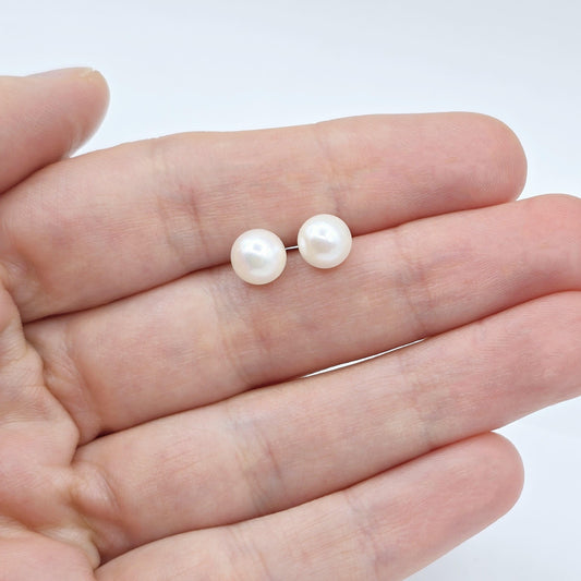 Sterling Silver Genuine Cultured Pearl 6mm Stud Earrings, Big Pearl Earrings For Her, June Birthstone, Natural Pearl Jewelry