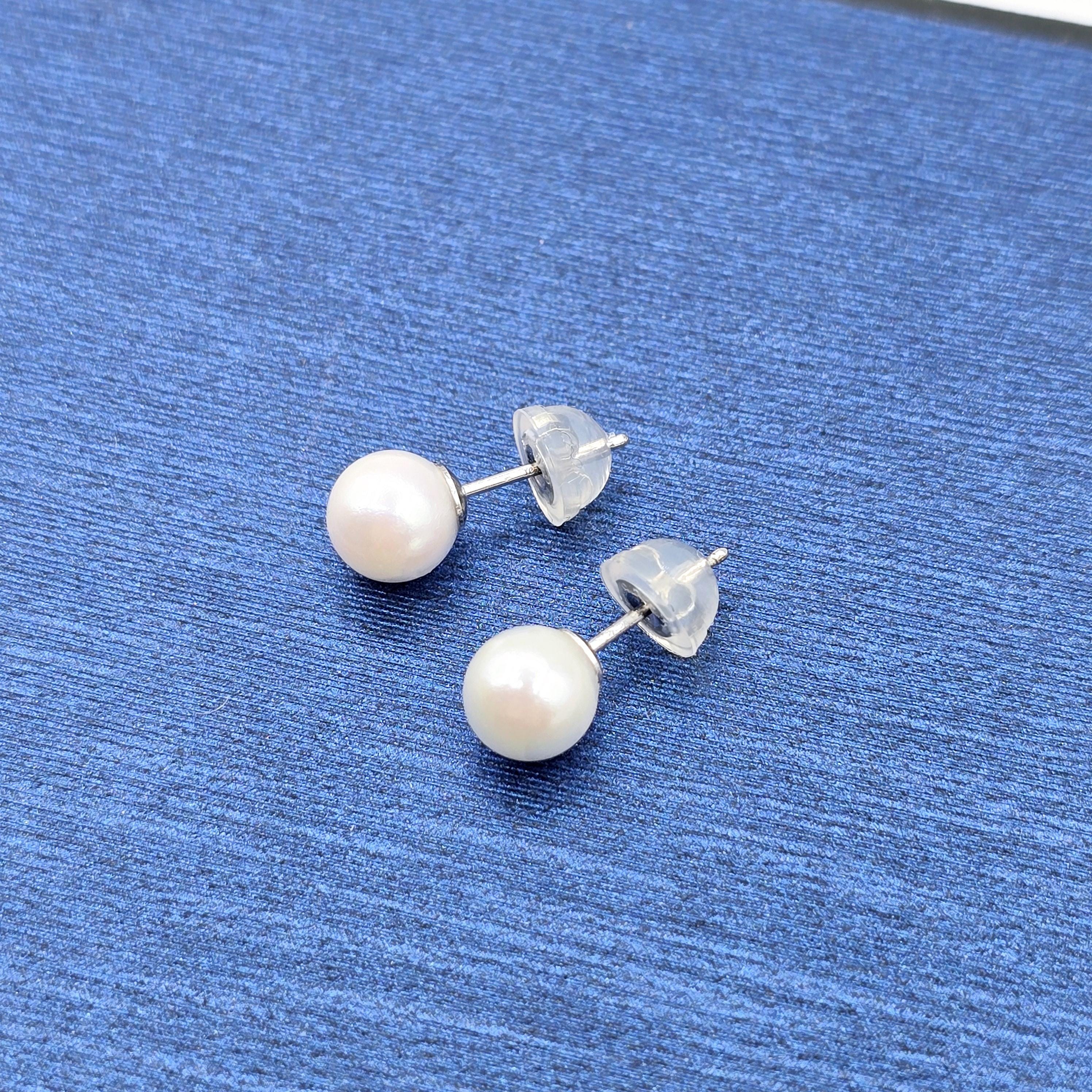 Sterling Silver Genuine Cultured Pearl 6mm Stud Earrings, Big Pearl Earrings For Her, June Birthstone, Natural Pearl Jewelry