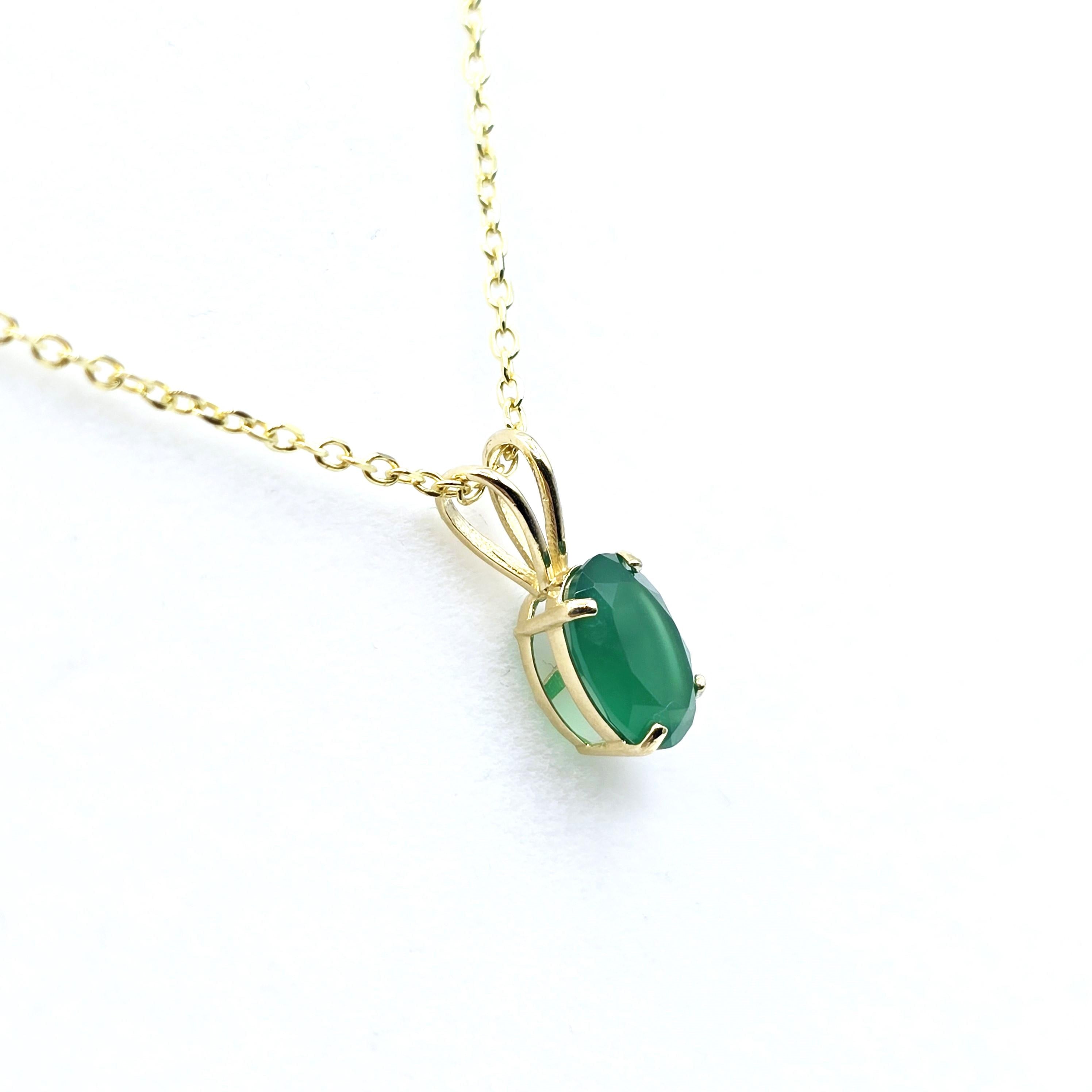 Gold Green Onyx Pendant Necklace, 10K Yellow Gold Green Onyx 8x6mm Pendant, Green Necklace For Women, Gift For Her