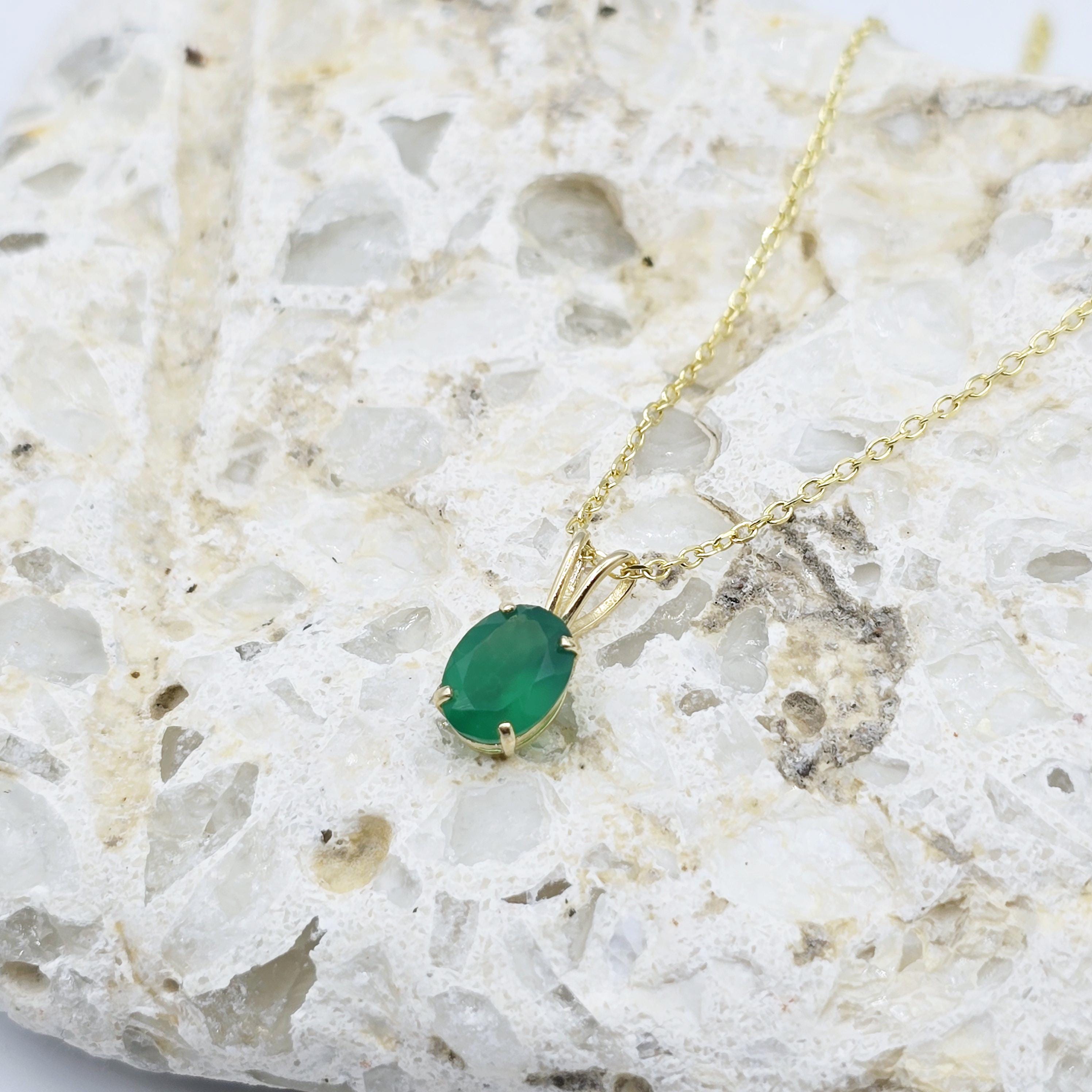 Gold Green Onyx Pendant Necklace, 10K Yellow Gold Green Onyx 8x6mm Pendant, Green Necklace For Women, Gift For Her