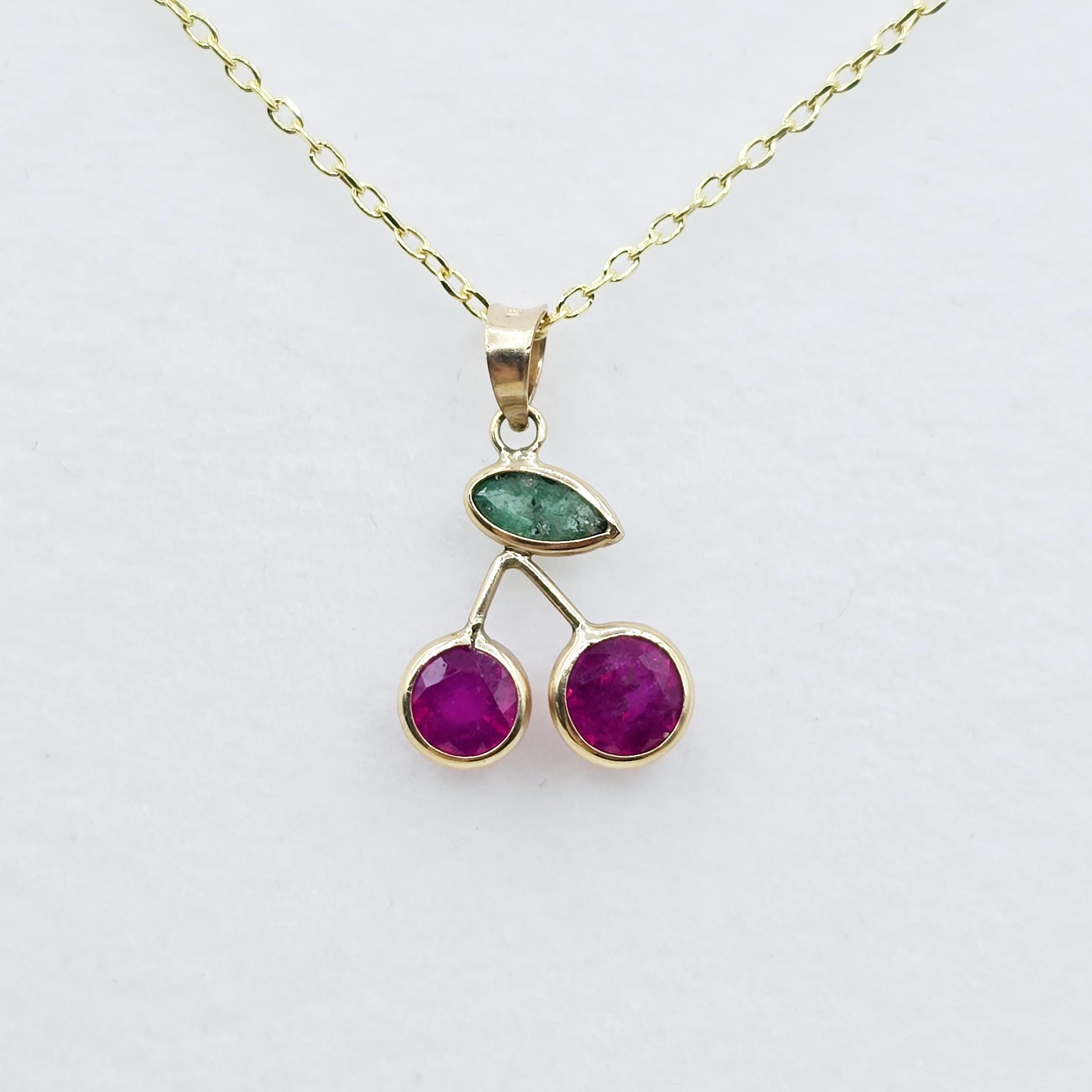 Gold Ruby Emerald Pendant | 14K Yellow Gold Genuine Gemstone Necklace