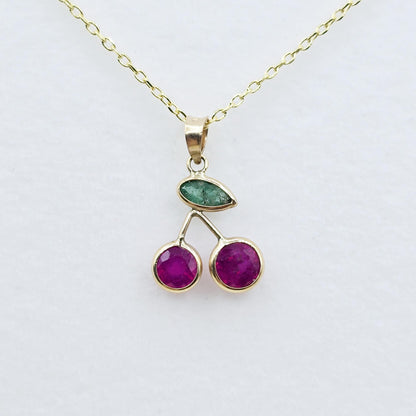 Gold Ruby Emerald Pendant | 14K Yellow Gold Genuine Gemstone Necklace