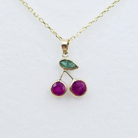 Gold Ruby Emerald Pendant | 14K Yellow Gold Genuine Gemstone Necklace