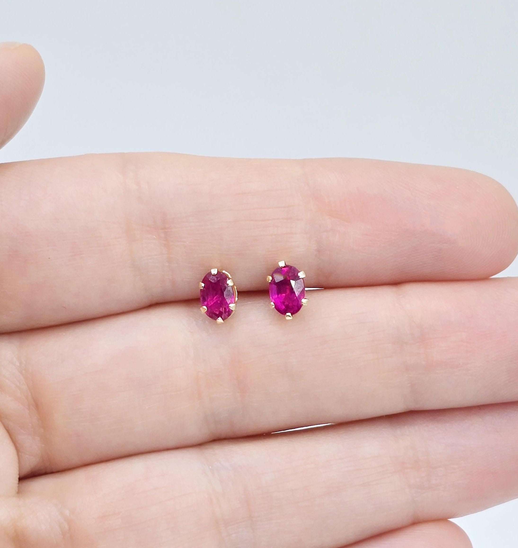 14K Yellow Gold Ruby 6x4mm Stud Earrings, Handmade Earrings, Gemstone Earrings, Earrings For Women, July Birthstone, Gift for Girls Mom Wife