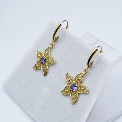 10K Gold Genuine Gemstone Earrings , Leverback Earrings for Women, Elegant Blue Stone Earrings, Gold Earrings for her, Elegant Earrings