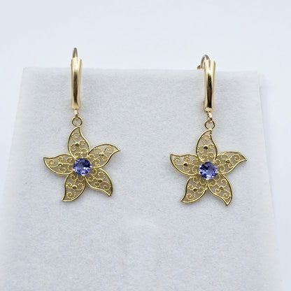 10K Gold Genuine Gemstone Earrings , Leverback Earrings for Women, Elegant Blue Stone Earrings, Gold Earrings for her, Elegant Earrings