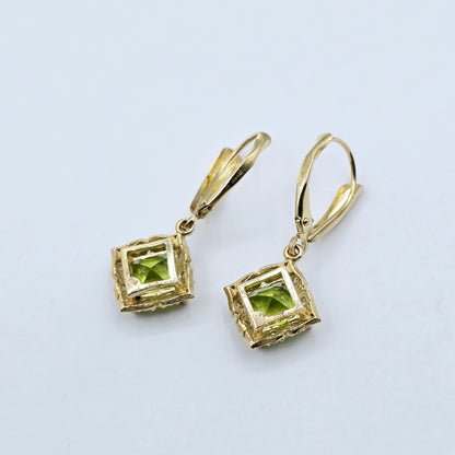 14K Yellow Gold Natural Peridot 3.3cts with 16 Genuine Diamonds Drop Earrings, Natural Birthstone Gold Earrings, Lever Back Drop Earrings