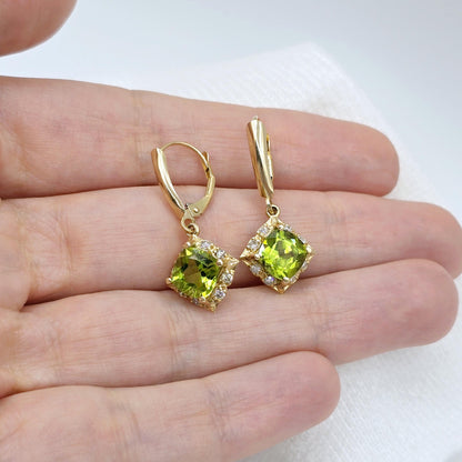 14K Yellow Gold Natural Peridot 3.3cts with 16 Genuine Diamonds Drop Earrings, Natural Birthstone Gold Earrings, Lever Back Drop Earrings