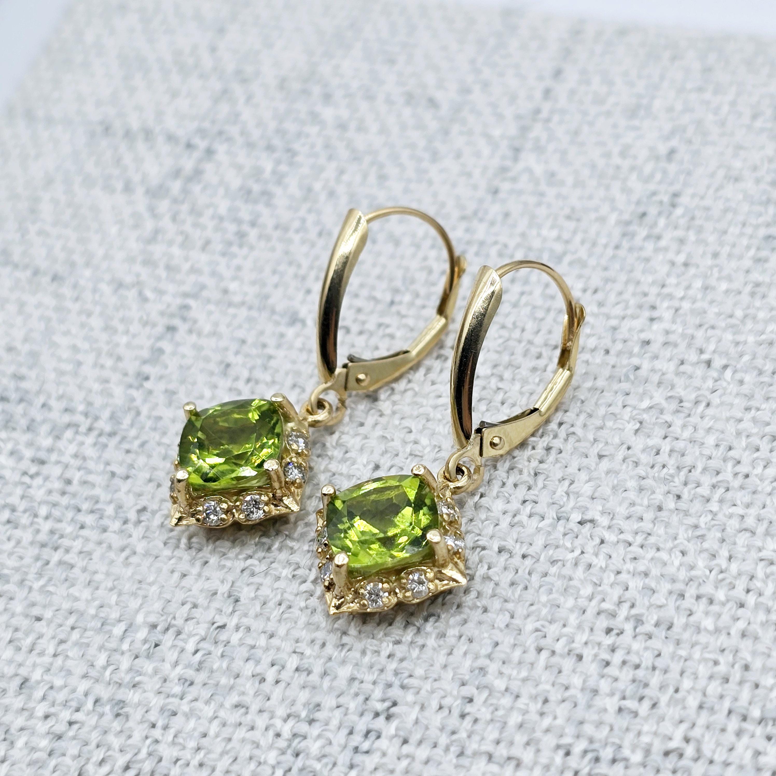 14K Yellow Gold Natural Peridot 3.3cts with 16 Genuine Diamonds Drop Earrings, Natural Birthstone Gold Earrings, Lever Back Drop Earrings
