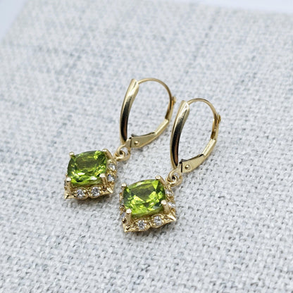14K Yellow Gold Natural Peridot 3.3cts with 16 Genuine Diamonds Drop Earrings, Natural Birthstone Gold Earrings, Lever Back Drop Earrings