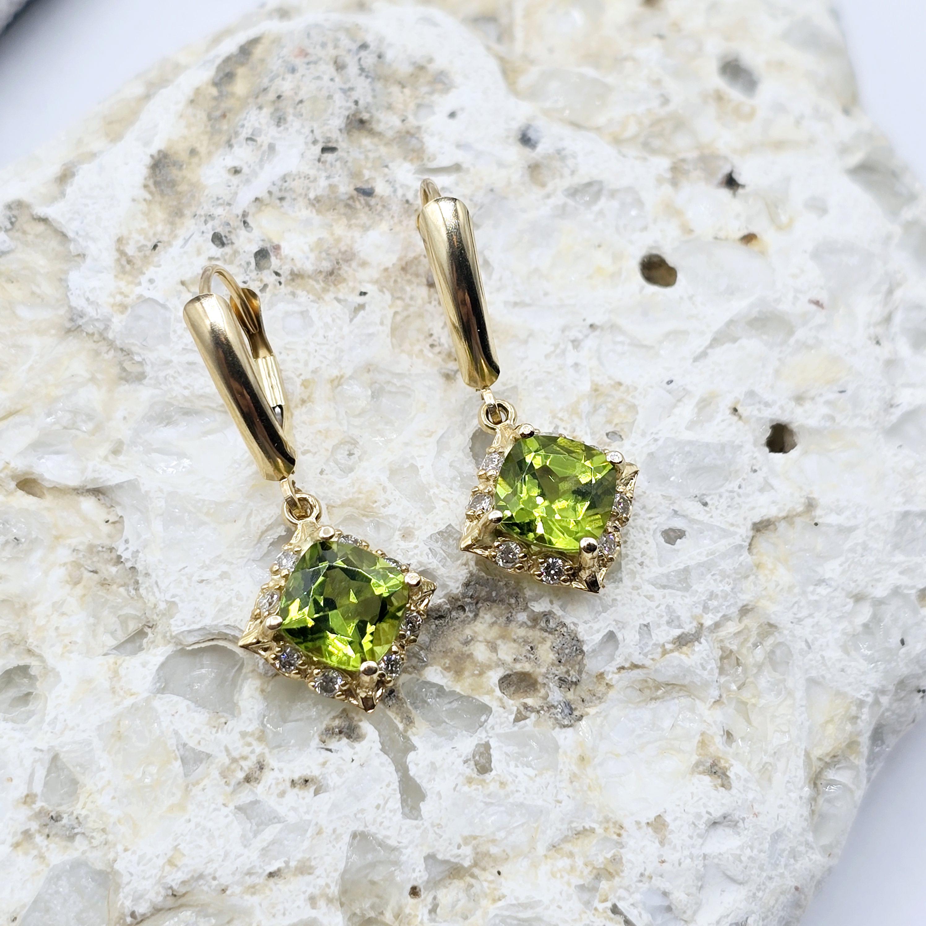 14K Yellow Gold Natural Peridot 3.3cts with 16 Genuine Diamonds Drop Earrings, Natural Birthstone Gold Earrings, Lever Back Drop Earrings