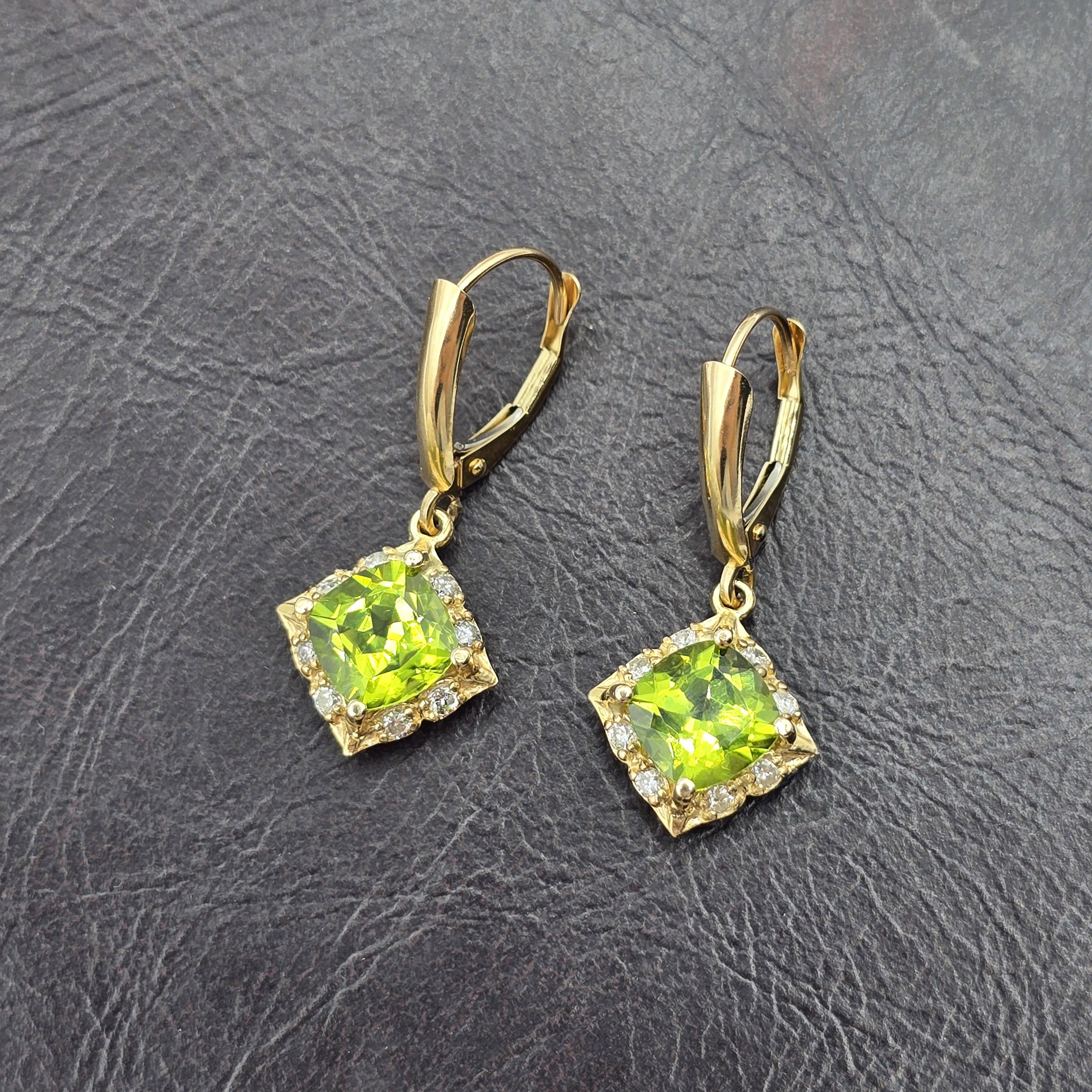 14K Yellow Gold Natural Peridot 3.3cts with 16 Genuine Diamonds Drop Earrings, Natural Birthstone Gold Earrings, Lever Back Drop Earrings