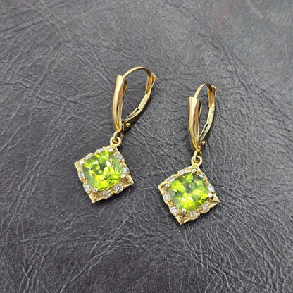 14K Yellow Gold Natural Peridot 3.3cts with 16 Genuine Diamonds Drop Earrings, Natural Birthstone Gold Earrings, Lever Back Drop Earrings