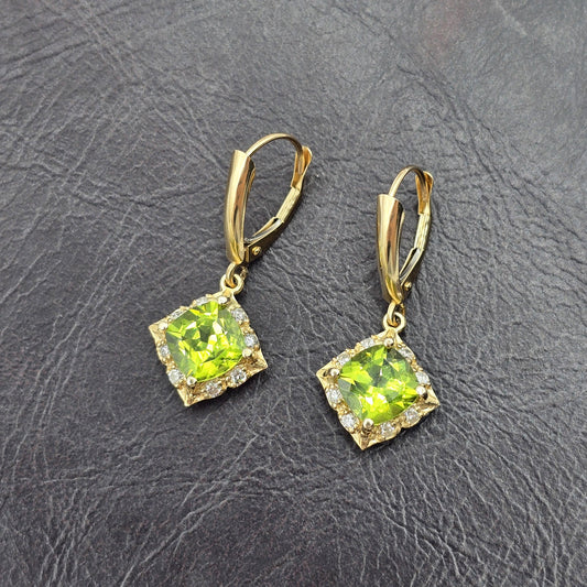 14K Yellow Gold Natural Peridot 3.3cts with 16 Genuine Diamonds Drop Earrings, Natural Birthstone Gold Earrings, Lever Back Drop Earrings